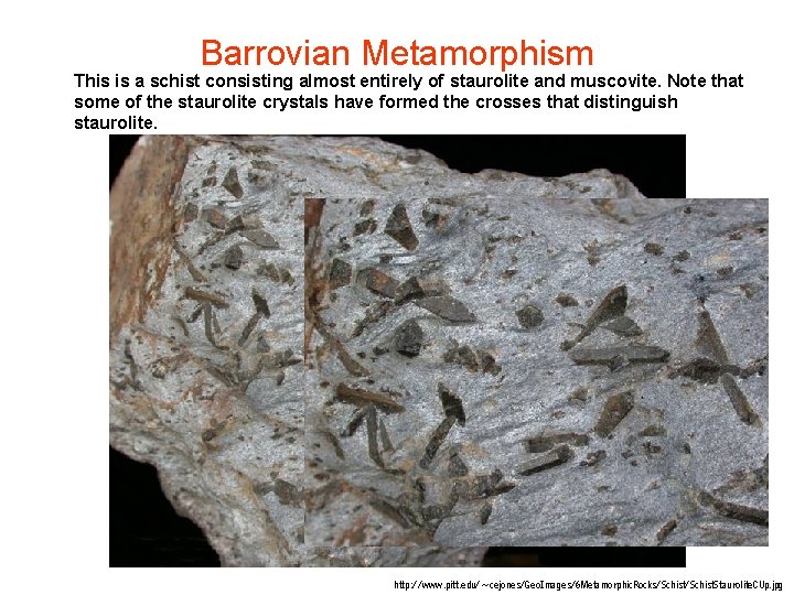 Barrovian Metamorphism This is a schist consisting almost entirely of staurolite and muscovite. Note Barrovian Metamorphism This is a schist consisting almost entirely of staurolite and muscovite. Note