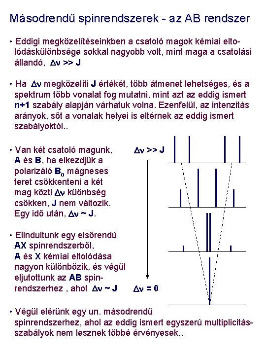 Másodrendű spinrendszerek - az AB rendszer • Eddigi megközelítéseinkben a csatoló magok kémiai eltolódáskülönbsége