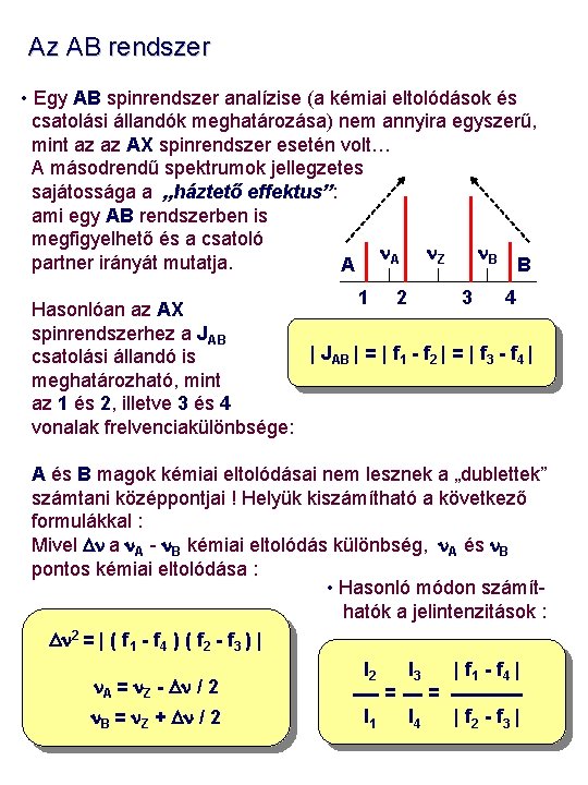 Az AB rendszer • Egy AB spinrendszer analízise (a kémiai eltolódások és csatolási állandók