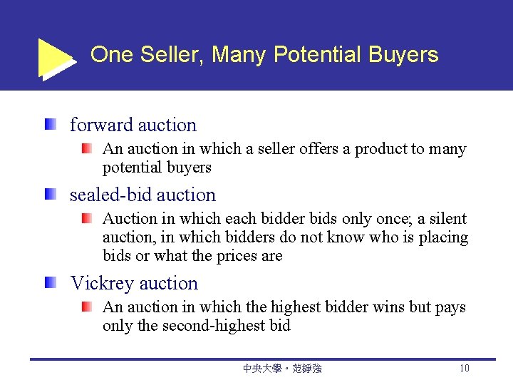 One Seller, Many Potential Buyers forward auction An auction in which a seller offers