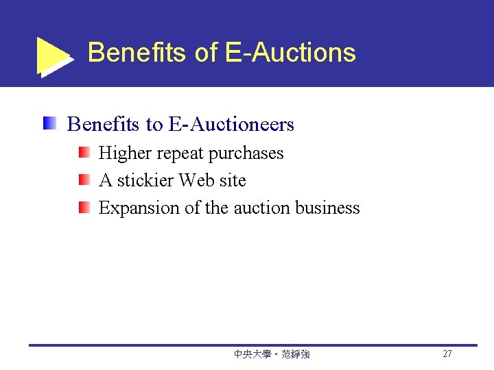 Benefits of E-Auctions Benefits to E-Auctioneers Higher repeat purchases A stickier Web site Expansion