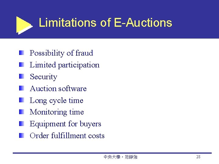 Limitations of E-Auctions Possibility of fraud Limited participation Security Auction software Long cycle time