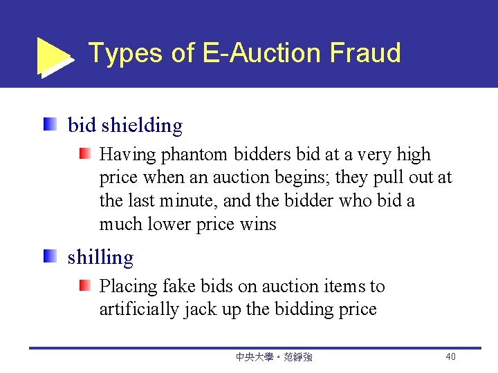 Types of E-Auction Fraud bid shielding Having phantom bidders bid at a very high