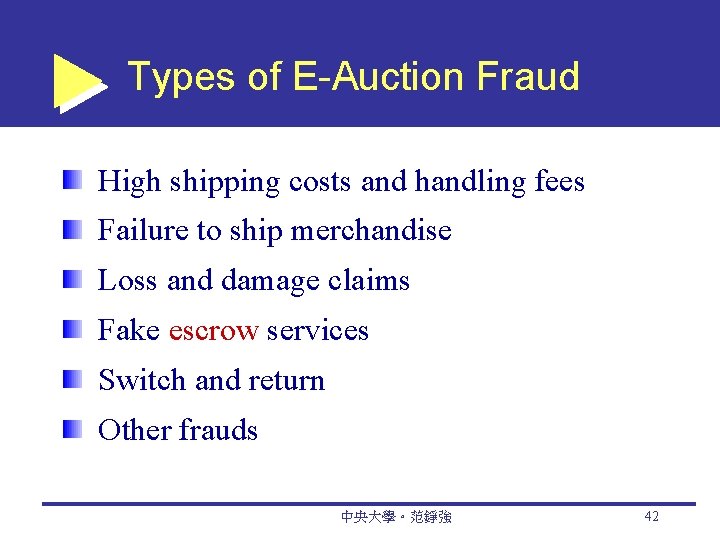 Types of E-Auction Fraud High shipping costs and handling fees Failure to ship merchandise