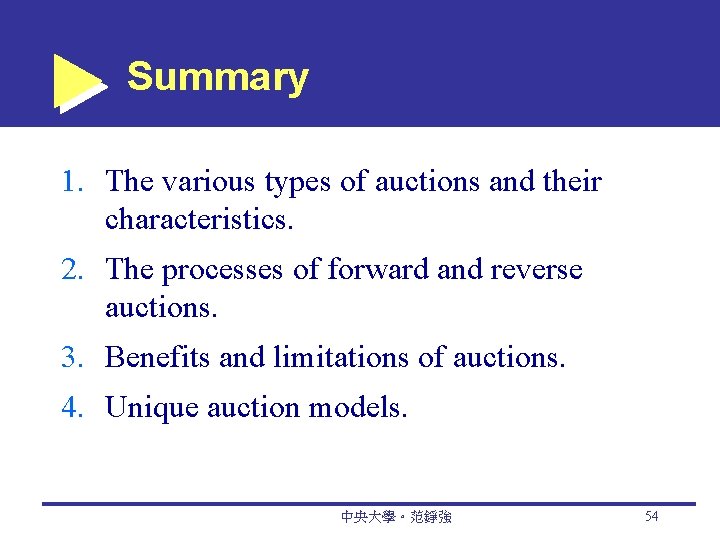 Summary 1. The various types of auctions and their characteristics. 2. The processes of