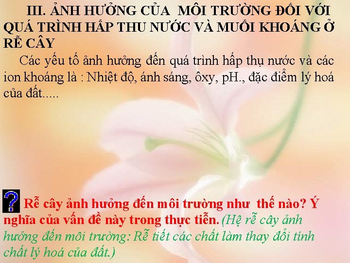 III. ẢNH HƯỞNG CỦA MÔI TRƯỜNG ĐỐI VỚI QUÁ TRÌNH HẤP THU NƯỚC VÀ