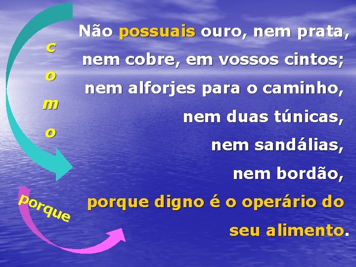 Não possuais ouro, nem prata, c nem cobre, em vossos cintos; o nem alforjes