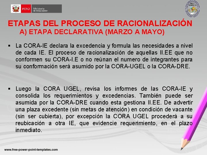 ETAPAS DEL PROCESO DE RACIONALIZACIÓN A) ETAPA DECLARATIVA (MARZO A MAYO) § La CORA-IE