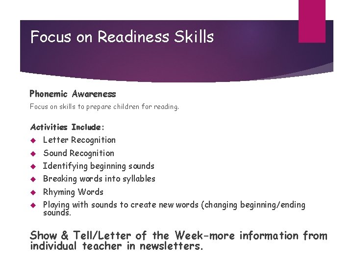 Focus on Readiness Skills Phonemic Awareness Focus on skills to prepare children for reading. Focus on Readiness Skills Phonemic Awareness Focus on skills to prepare children for reading.