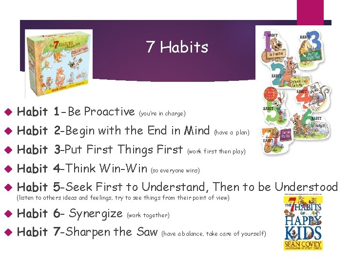 7 Habits Habit 1 -Be Proactive Habit 2 -Begin with the End in Mind