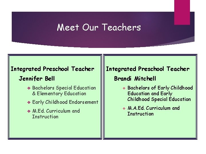 Meet Our Teachers Integrated Preschool Teacher Jennifer Bell v Bachelors Special Education & Elementary