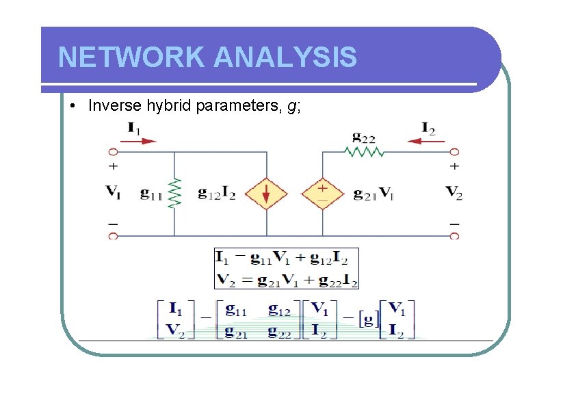 NETWORK ANALYSIS • Inverse hybrid parameters, g; 