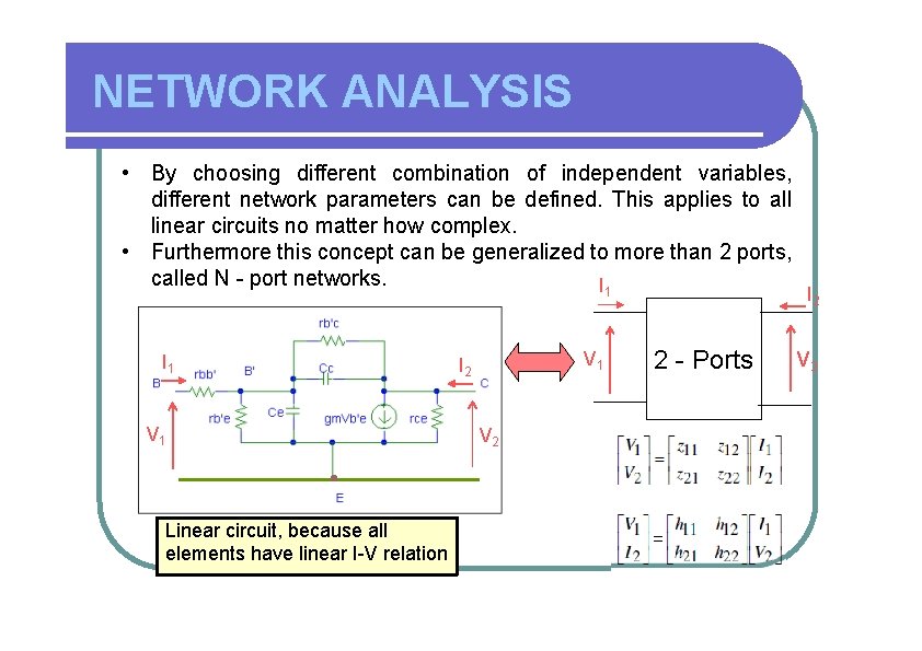 NETWORK ANALYSIS • By choosing different combination of independent variables, different network parameters can
