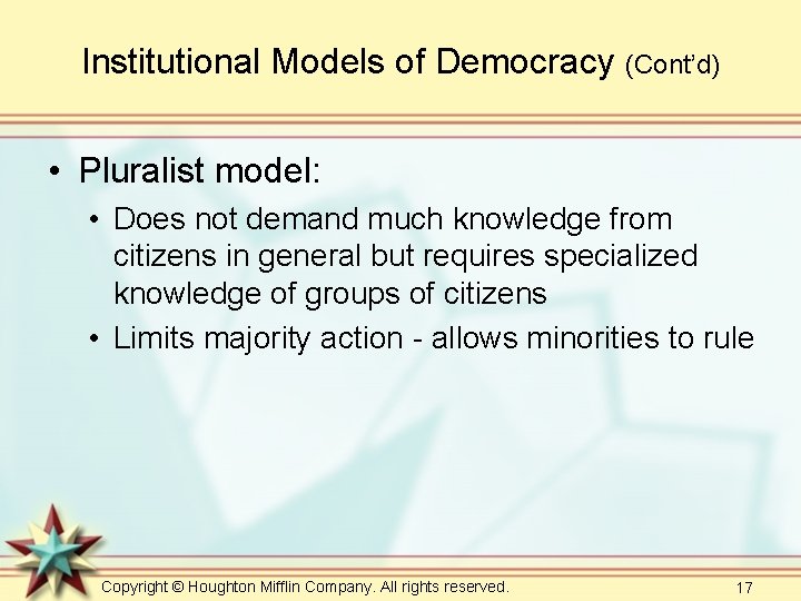 Institutional Models of Democracy (Cont’d) • Pluralist model: • Does not demand much knowledge Institutional Models of Democracy (Cont’d) • Pluralist model: • Does not demand much knowledge