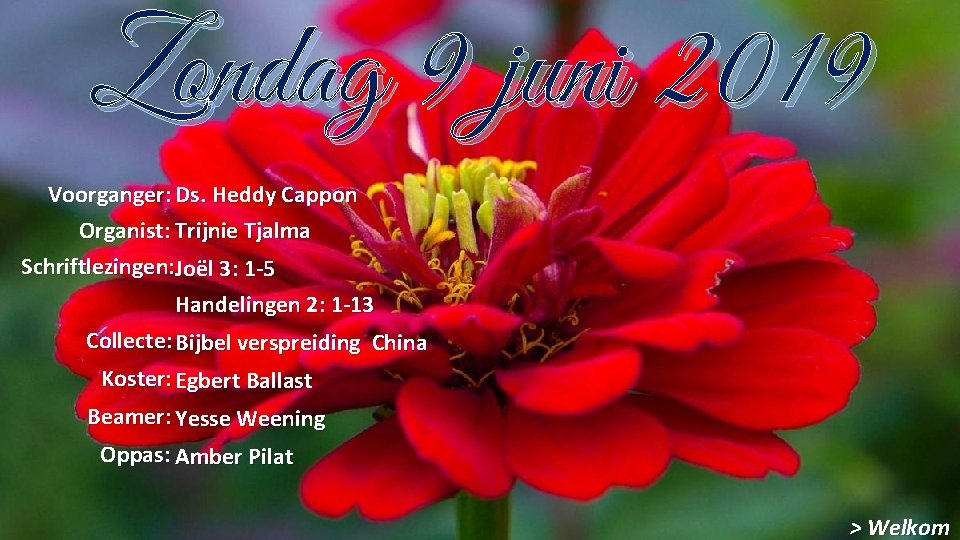 Zondag 9 juni 2019 Voorganger: Ds. Heddy Cappon Organist: Trijnie Tjalma Schriftlezingen: Joël 3: