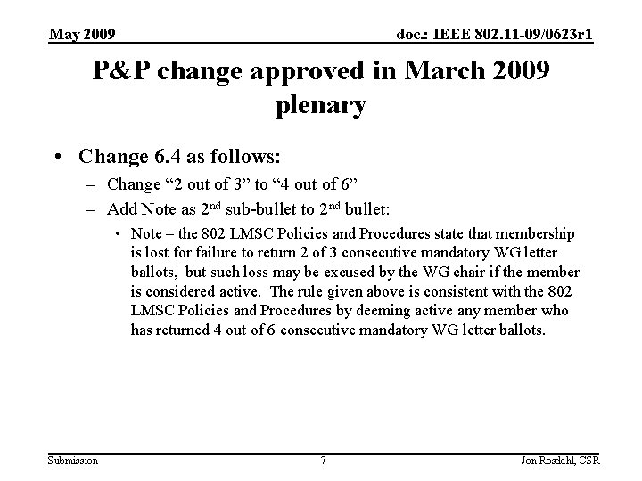May 2009 doc. : IEEE 802. 11 -09/0623 r 1 P&P change approved in
