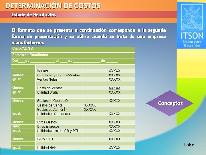 DETERMINACIÓN DE COSTOS Estado de Resultados El formato que se presenta a continuación corresponde