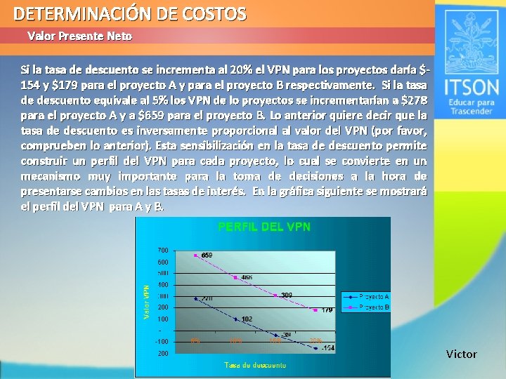 DETERMINACIÓN DE COSTOS Valor Presente Neto Si la tasa de descuento se incrementa al