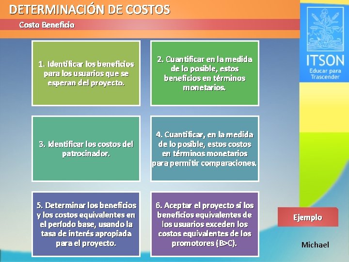 DETERMINACIÓN DE COSTOS Costo Beneficio 1. Identificar los beneficios para los usuarios que se