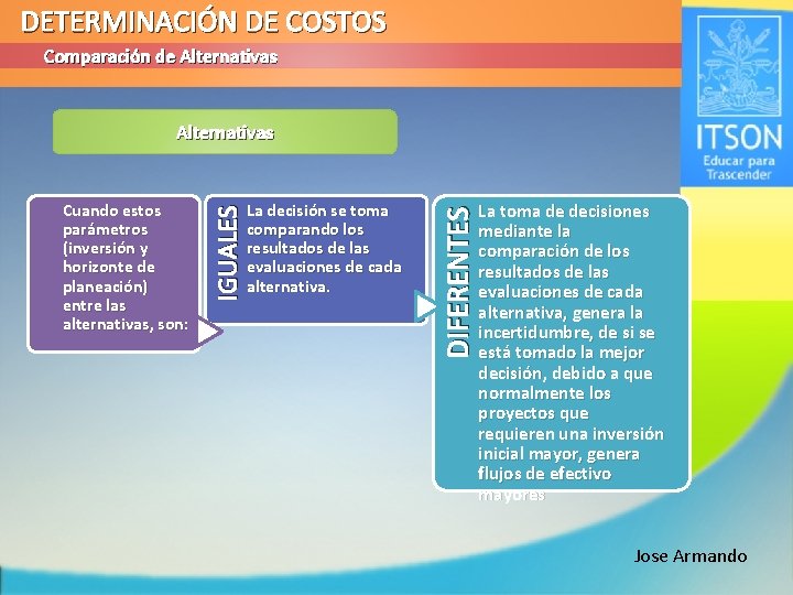 DETERMINACIÓN DE COSTOS Comparación de Alternativas La decisión se toma comparando los resultados de