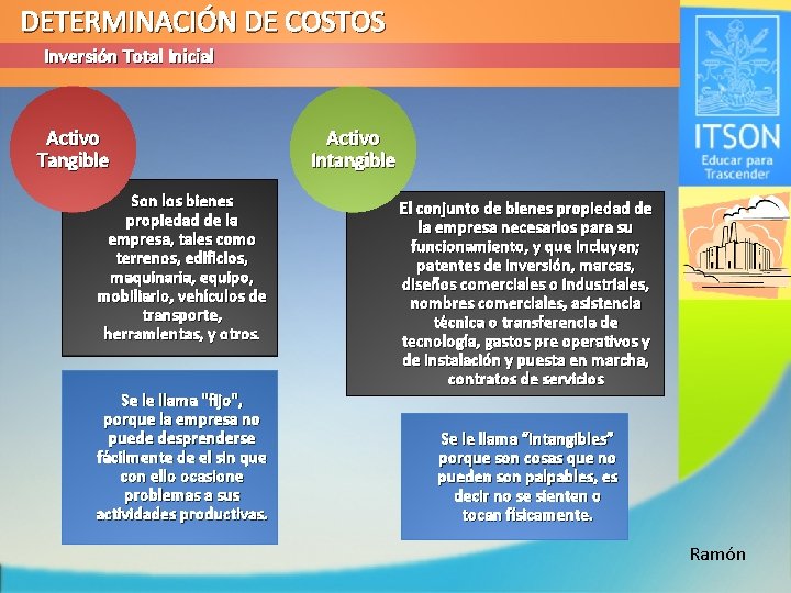 DETERMINACIÓN DE COSTOS Inversión Total Inicial Activo Tangible Son los bienes propiedad de la