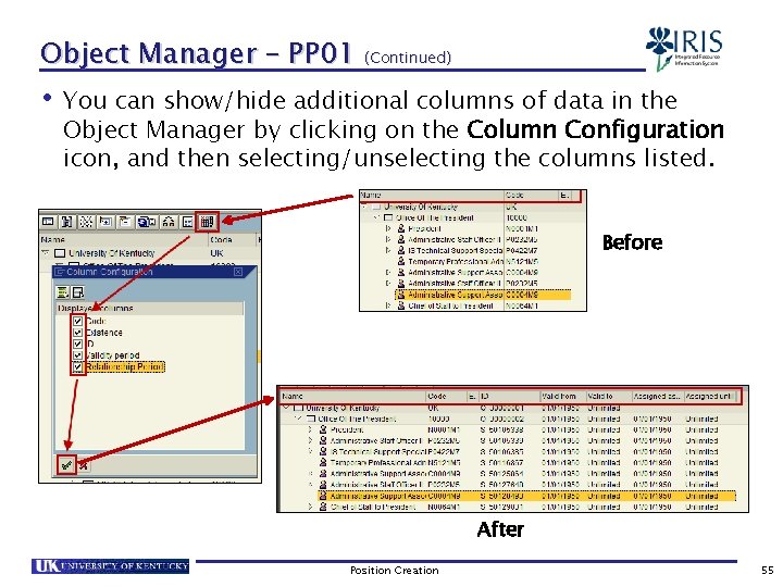 Object Manager – PP 01 (Continued) • You can show/hide additional columns of data