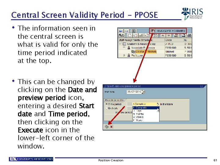 Central Screen Validity Period - PPOSE • The information seen in the central screen