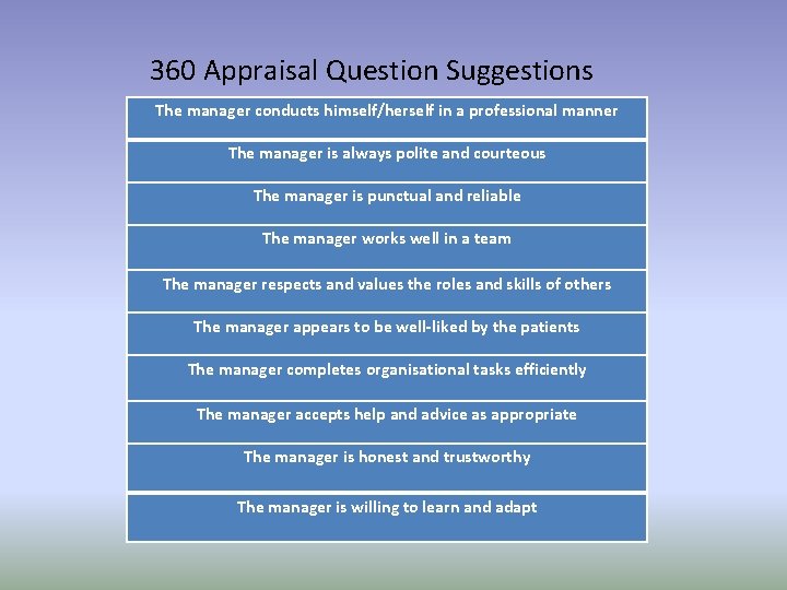 360 Appraisal Question Suggestions The manager conducts himself/herself in a professional manner The manager