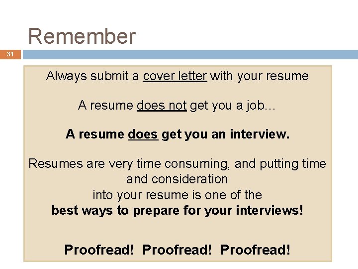 Remember 31 Always submit a cover letter with your resume A resume does not