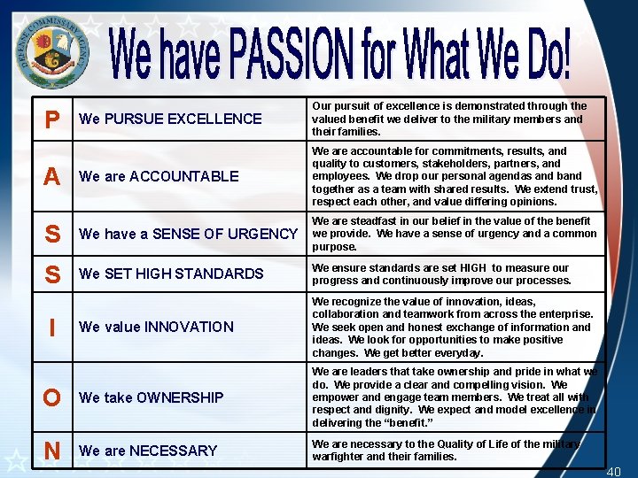 We PURSUE EXCELLENCE Our pursuit of excellence is demonstrated through the valued benefit we We PURSUE EXCELLENCE Our pursuit of excellence is demonstrated through the valued benefit we