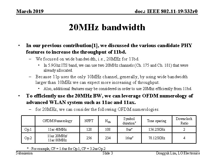 March 2019 doc. : IEEE 802. 11 -19/332 r 0 20 MHz bandwidth •
