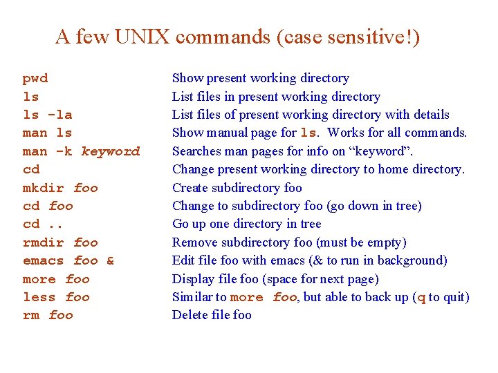 A few UNIX commands (case sensitive!) pwd ls ls -la man ls man -k