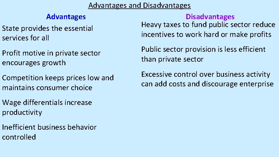 Advantages and Disadvantages Advantages Heavy taxes to fund public sector reduce State provides the