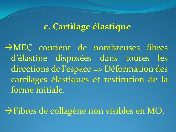 c. Cartilage élastique MEC contient de nombreuses fibres d’élastine disposées dans toutes les directions