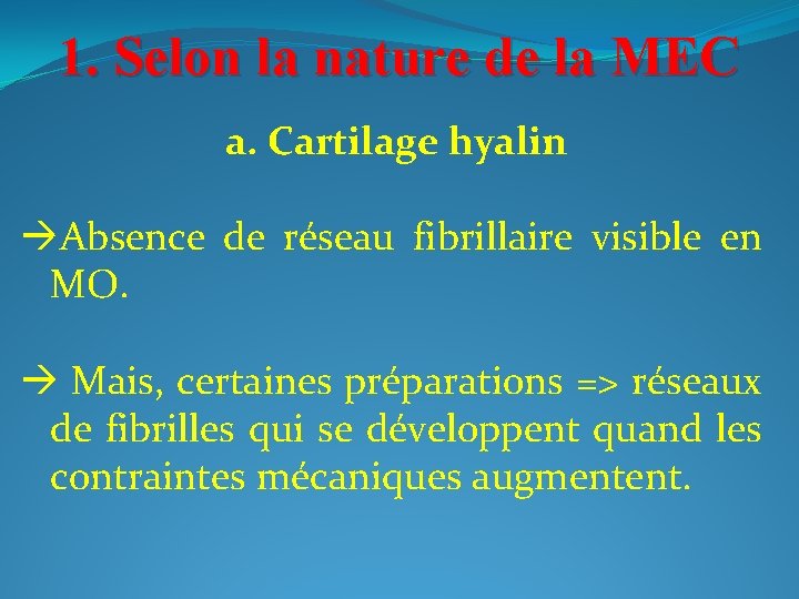 1. Selon la nature de la MEC a. Cartilage hyalin Absence de réseau fibrillaire