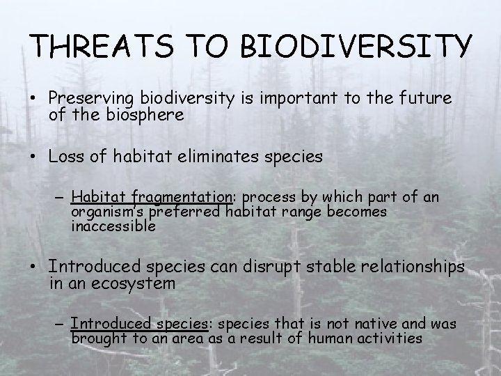 THREATS TO BIODIVERSITY • Preserving biodiversity is important to the future of the biosphere