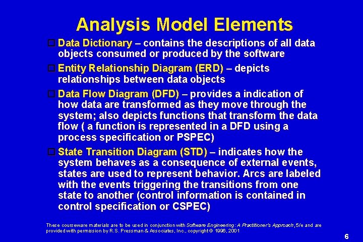 Analysis Model Elements Data Dictionary – contains the descriptions of all data objects consumed Analysis Model Elements Data Dictionary – contains the descriptions of all data objects consumed
