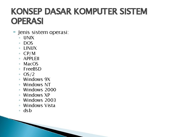 KONSEP DASAR KOMPUTER SISTEM OPERASI Jenis sistem operasi: ◦ ◦ ◦ ◦ UNIX DOS
