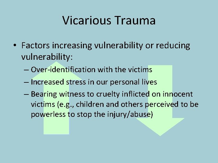 Vicarious Trauma • Factors increasing vulnerability or reducing vulnerability: – Over-identification with the victims