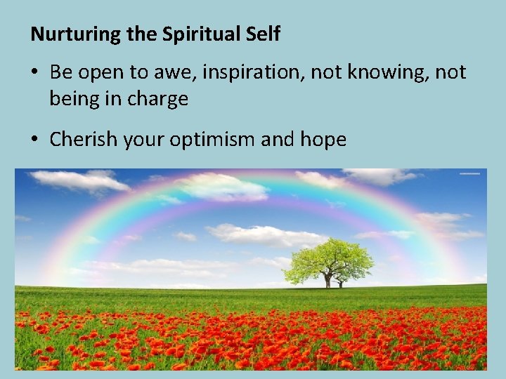 Nurturing the Spiritual Self • Be open to awe, inspiration, not knowing, not being