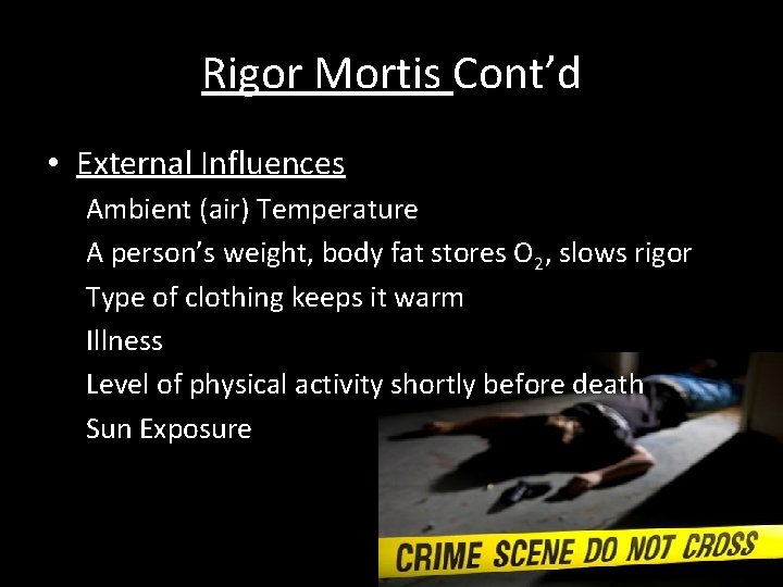Rigor Mortis Cont’d • External Influences Ambient (air) Temperature A person’s weight, body fat
