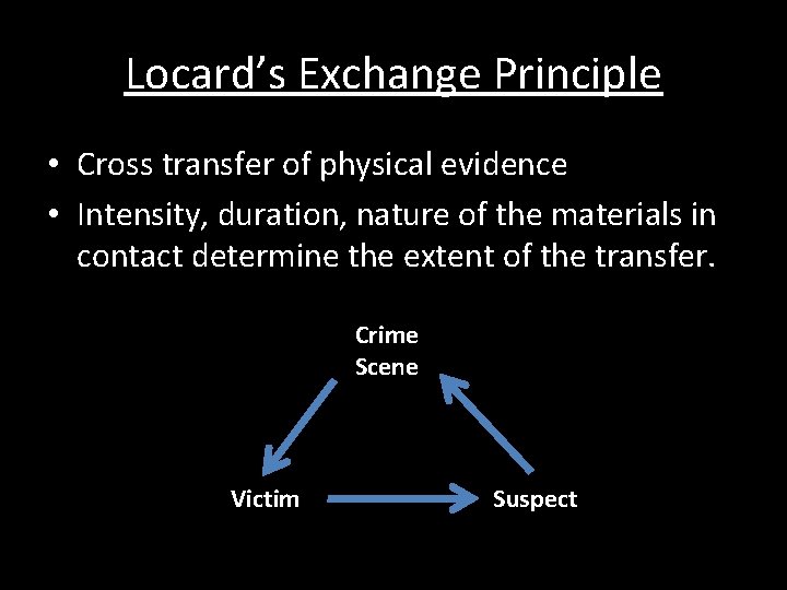 Locard’s Exchange Principle • Cross transfer of physical evidence • Intensity, duration, nature of