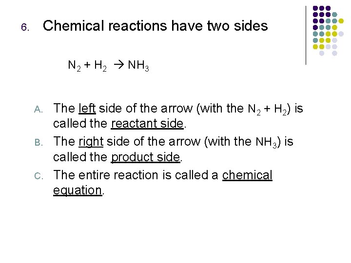 Chemical reactions have two sides 6. N 2 + H 2 NH 3 A.