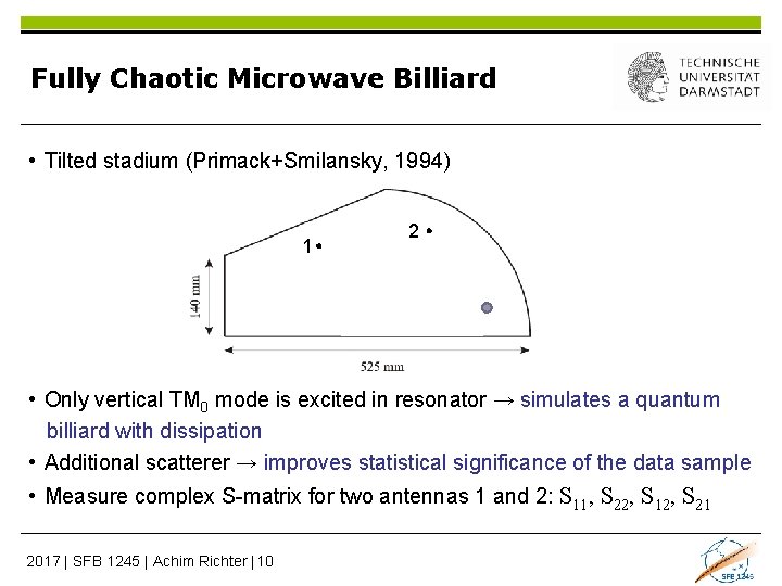 Fully Chaotic Microwave Billiard • Tilted stadium (Primack+Smilansky, 1994) 1 2 • Only vertical