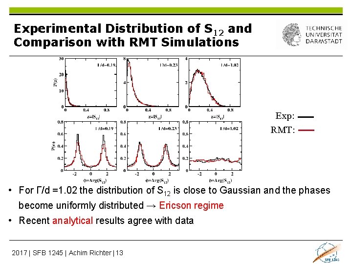 Experimental Distribution of S 12 and Comparison with RMT Simulations Exp: RMT: • For