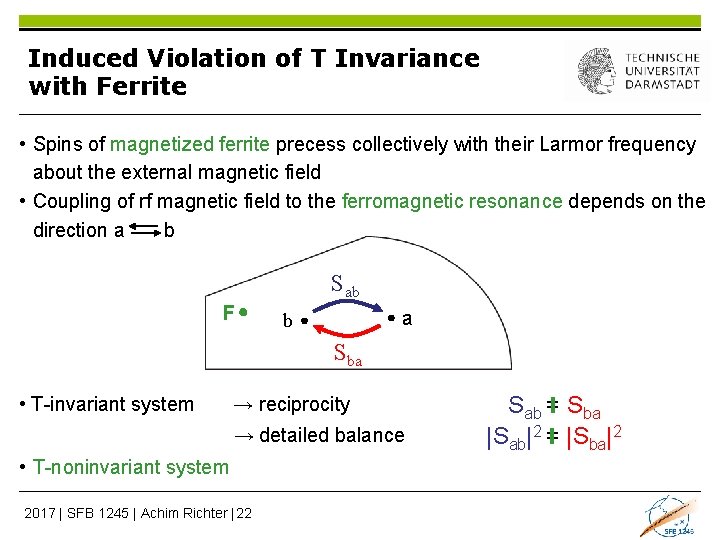 Induced Violation of T Invariance with Ferrite • Spins of magnetized ferrite precess collectively