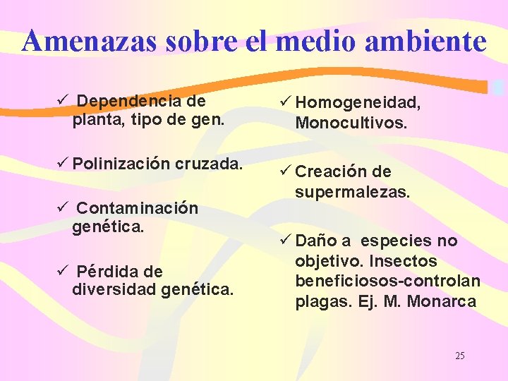 Amenazas sobre el medio ambiente ü Dependencia de planta, tipo de gen. ü Homogeneidad,