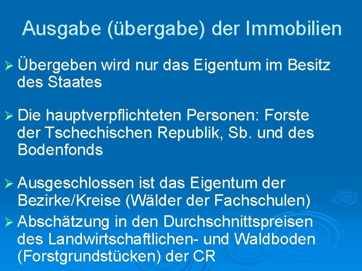 Ausgabe (übergabe) der Immobilien Ø Übergeben wird nur das Eigentum im Besitz des Staates