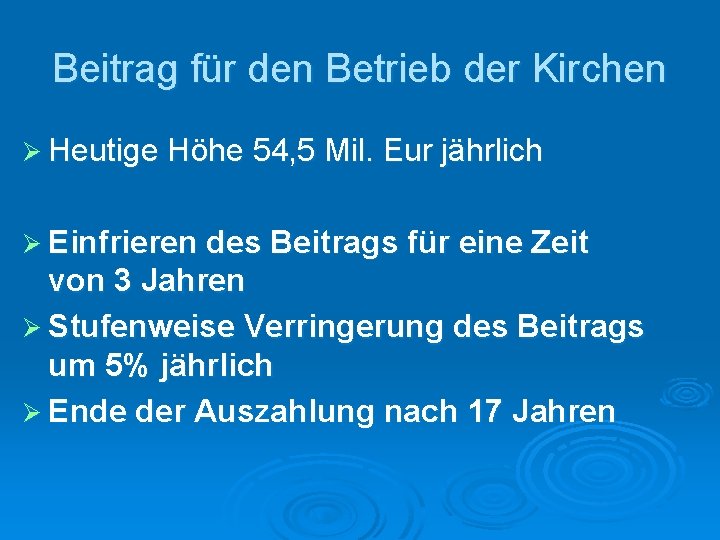 Beitrag für den Betrieb der Kirchen Ø Heutige Höhe 54, 5 Mil. Eur jährlich