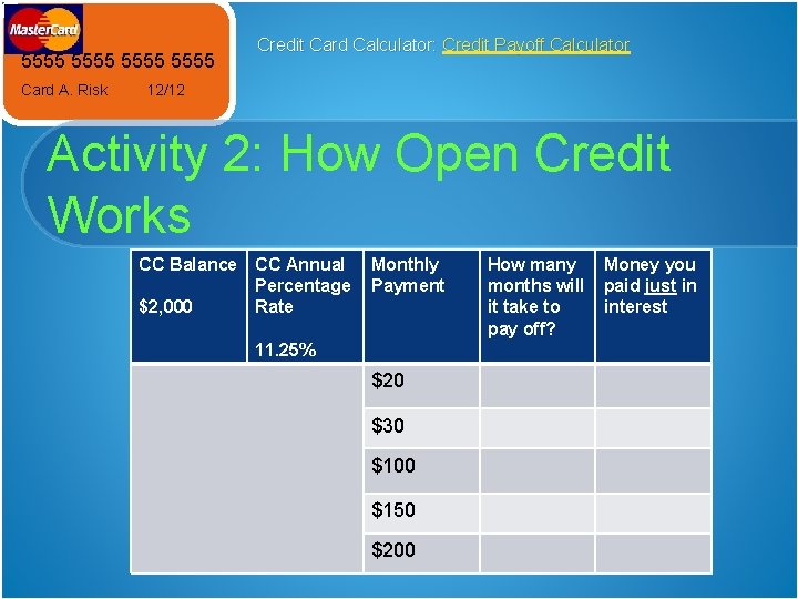 5555 Card A. Risk Credit Card Calculator: Credit Payoff Calculator 12/12 Activity 2: How